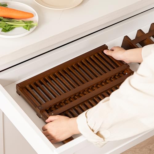 HBlife Dish Rack,Teak Folding 2-Tier Collapsible Drainer Dish Drying Rack with Utensils Flatware Holder Set (Dish Rack with Utensil Holder) - color: Teak-2 Tiers