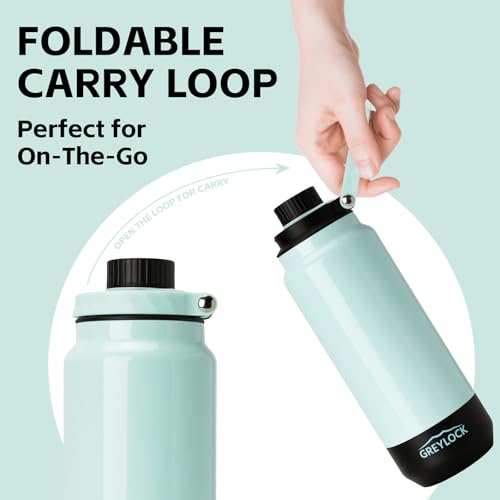 GREYLOCK 32 oz Insulated Water Bottle with Straw Lid, Leakproof Reusable Stainless Steel Vacuum Flask, 24hr Cold & Hot, Carry Handle & Silicone Spout, BPA-Free for Gym, Hiking, Travel,Teal - color: Emerald Lake, size: 32 Ounces