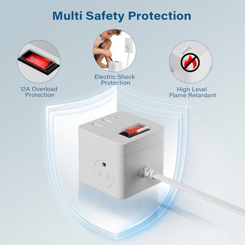 Outdoor Power Strip Cube 6 Ft, IPX4 Waterproof 3 AC Outlet Widely Spaced with 2 USB-A & 1 USB-C PD 20W Charging Station, Low Profile 45 Degree Flat Plug Extension Cord Wall Mountable, ETL-White - size: 6FT