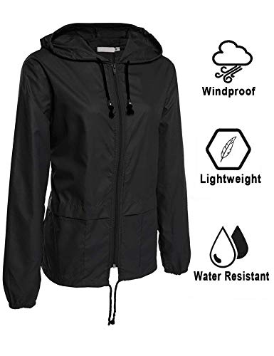 Avoogue Raincoat Women Lightweight Waterproof Rain Jackets Packable Outdoor Hooded Windbreaker - color: Black, size: Medium