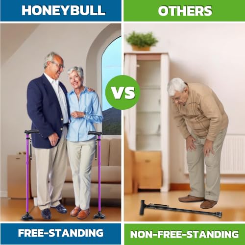 HONEYBULL Walking Cane for Men & Women, Foldable Free Standing Cane | Adjustable Height, Collapsible Design, Heavy-Duty, Pivot Base for Stable Support, Ergonomic Handle - color: Purple