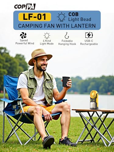 COPPA Camping Fan LED Lantern, LF-01 Portable Camping Fan with Light USB Rechargeable 3 Powerful Speed 4 Light Mode Cordless Tent Fan Lights with Foldable Hook for Hiking Fishing Travel