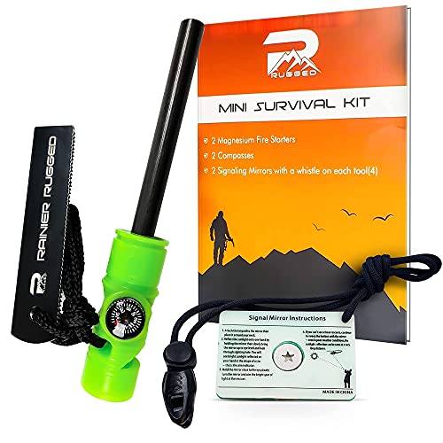 Rainier Rugged 5-in-1 Glow-in-The-Dark Fire Starters Kits with Compass, Signal Mirrors, Whistles -Magnesium Ferro Rods - Compact Portable Hiking, Camping, Trekking,Emergency Survival Rescue
