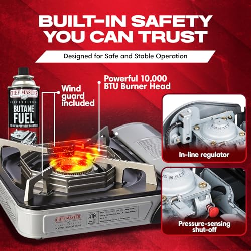 Chef Master Portable Butane Stove Combo for Camping - Stove + 4x 8oz Butane - 10,000 BTU Countertop Gas Burner w/Piezo Ignition - Good for Indoor & Outdoor Cooking w/Wind Guard & Carry Case - 90011 - style: Stove & Fuel Combo