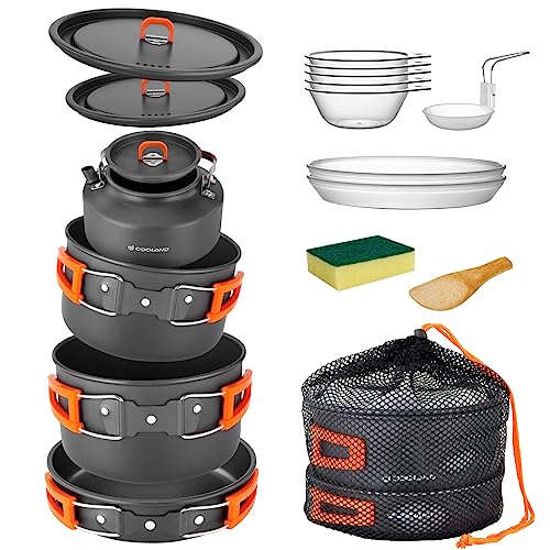 Odoland 15pcs Camping Cookware Non-Stick Lightweight Camping Pots and Pans Set with Kettle Plastic Plates Bowls Soup Spoon for Camping, Backpacking, Outdoor Cooking and Picnic