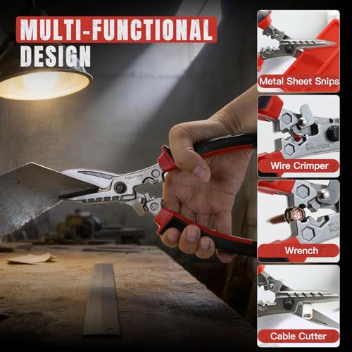 Electrician Utility Scissors Metal Cutting Tool Tin Snips | Heavy Duty with Cable Cutter, Crimping Tool & Hex Wrench Safety Lock for Sheet Metal, Hardware Cloth, Carpet, Cardboard