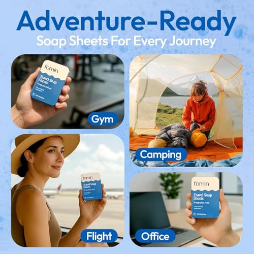 FOMIN - Paper Soap Sheets for Traveling - 300 Unscented Portable Hand Soap Sheets for Travel in Tin - Dissolvable Mini Portable Travel Soap Sheet for Hand Washing, Camping and Hiking - color: Unscented (Pack of 3)