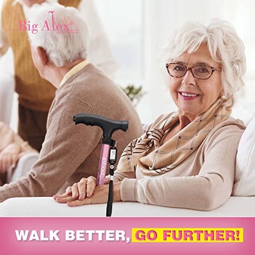 BigAlex Folding Walking Cane with LED Light,Pivoting Quad Base,Adjustable Walking Stick with Carrying Bag for Man/Woman (Alloy Base) - color: Pink(30"-35")