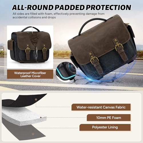 RAINSMORE Camera Bag, Vintage Canvas Camera Sling Bag Crossbody Camera Case - color: Black
