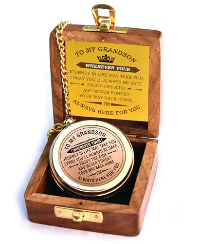 to My Son Compass with Wooden Box-Mom to Son Compass–Father to Son Gifts- to My Grandson -Graduation Day Gifts for Son-Birthday, Baptism, Graduation, Confirmation, Communion Compass for Women Men - style: # 2 To my Grandson compass