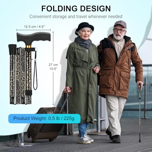 supregear Folding Cane, Lightweight 5-Level Adjustable Walking Stick with Wrist Strap and T-Handle, Portable Mobility Aid for Elderly and Disabled Men and Women - color: Leopard