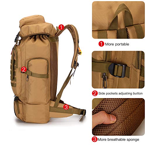 King'sGuard 70L Camping Hiking Backpack for Men Women Large Military Tactical Backpack Molle Rucksack Backpack for Outdoor - color: Khaki