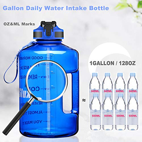 SLUXKE 1 Gallon Motivational Sports Water Bottle with Time Marker, BPA Free 128oz Leak Proof Jug, Black, Plastic, 128 ounces, Fitness, Sports, Outdoor Activities - color: Blue