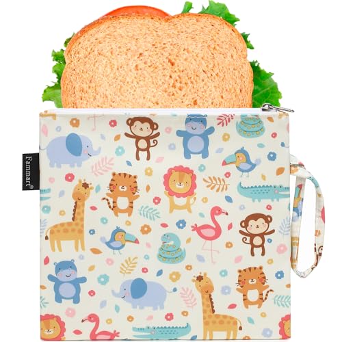 Fammart Reusable Sandwich Bag/Snack Bag for Kids & Adults, Dual Layer Lunch Bag with Handle, Washable, Food Safe, BPA Free (1-Pack, Zoo) - color: Large, 1 Pack - Zoo