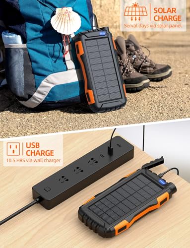 Mregb Solar Charger Power Bank 42800mAh, Portable Charger, Solar Power Bank,External Battery Pack 5V3.1A Qc 3.0 Fast Charger Built-in Super Bright Flashlight (Orange) - color: Orange