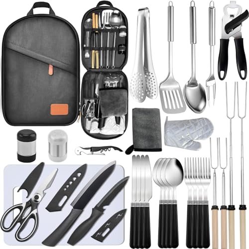 Camping Cooking Utensils Set - Camping Utensil Set Car Camping Cooking Essentials Gear for Camp Kitchen Cooking and Grilling, Stainless Steel & Silicone Ideal Gift for RV Tent Camper - color: Black-31Pcs