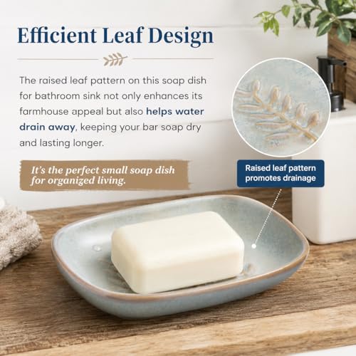 Miamolo Bathroom Soap Dish for Bar Soap, Raised Ridges Keep Soap Dry | Solid Ceramic Soap Holder, Fits Shower, Tub, Kitchen Counter & Vanity | Dishwasher Safe, Vintage Decor, Wedding Gift, Grey - color: Grey, size: Leaf Design