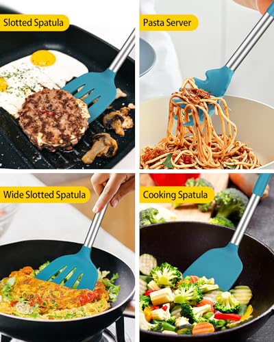 Silicone Cooking Utensils Set, 8 Pcs Kitchen Utensils with Holder, Blue | BPA Free and Heat Resistant, Kitchen Tools for Non Stick Cookware include Spatulas, Turners, Spoons, Skimmer and Pasta Fork - color: Blue