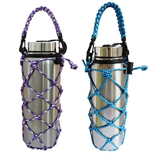 Paracord Water Bottle Trumble Carrier Sleeve Mesh Net Pouch Bag Sling with Handle for Carrying 18 24 32 40 oz Hydro Flask Stainless Steel Plastic Tumbler for Hiking Outdoor Sports - 2 Pack