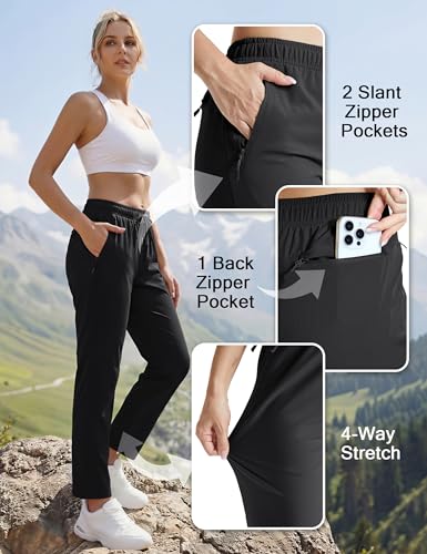 MAGCOMSEN Women's Hiking Pants Lightweight Quick Dry UPF 50 Water Resistant Elastic Waist Golf Travel Pants Zip Pockets - color: Black, size: Medium