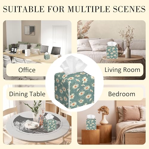 Leather Tissue Box Holder White Daisy Tissue Box Cover Square Waterproof Tissue Holder Organizer Modern Napkin Holder for Bedroom Dresser Night Stand Office Desk - color: White Daisy