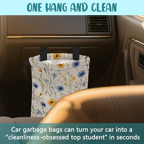 Car Garbage Bag Abstract Blue and Yellow Flowers Hanging Canvas Car Trash Bag Drawstring Car Back Seat Organizer for Car Back Front Seat Console with Adjustable Buckle - color: Abstract Blue and Yellow Flowers