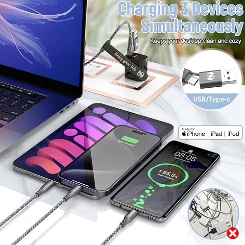 Multi Charging Cable 4FT 3Pack 3 in 1 Apple MFi Certified Braided Cord | Fast Charger Cord with Lightning USB-C Micro,Nylon Braided Universal Phone Charger for iPhone17-5 iPad Android Devices Travel - color: Black/Grey-4ft-3Pack