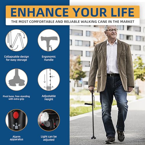 Walking Stick，Walking Canes for Women & Men，Folding Cane with Led Light and Alarm, with Side Handle, Collapsible Cane Lightweight, Free Self Standing Foldable Stick for Seniors & Adults
