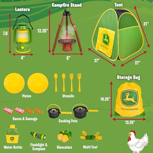 John Deere Pop-Up Camping Tent, 18 Piece Set Includes Canteen, Plates, Utensils, Play Food, Pots, Binoculars, Lantern, and Flashlight, Indoor and Outdoor Play