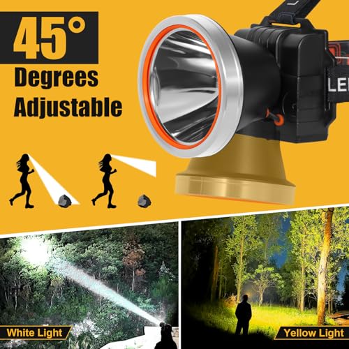 Lokilo Ultra-Bright LED Headlamp,High Lumen Rechargeable and Waterproof Headlight with Adjustable Headband for Night Work and Outdoor Use (Silver-Yellow Light) - color: Silver-Yellow light