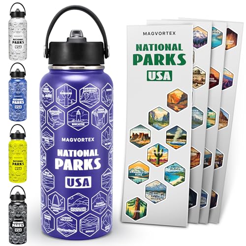 National Parks Purple Water Bottle with Durable Stickers – 32oz Insulated Stainless Steel Water Bottle with Spout – Insulated for Cold and Hot Drinks – Metal Bottle for Gym, Hiking, Camping - color: Purple