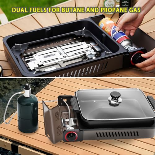 Portable Propane Gas Stove with Grill Pan and Lid | Butane Camping Stove Instant Ignition for Patio Backyard Home Cooking Camping RV Tailgating Emergency Use, GS349