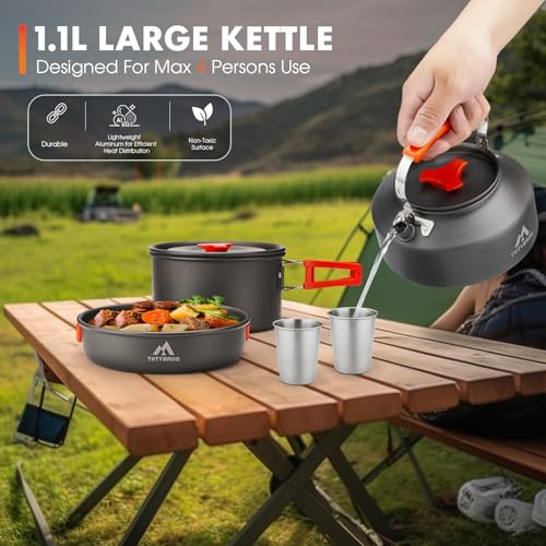 THTYBROS 17pcs Camping Cookware Mess Kit,for Camping,Backpacking,Picnic | 0.45Gal Pot,7inches Pan,0.30Gal Kettle Set with 2 set Stainless Steel Cups Plates Forks Knives Spoons,Pots, Pans & Griddles