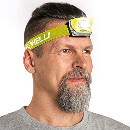 Foxelli LED Headlamp Flashlight for Adults & Kids, Running, Camping, Hiking Head Lamp with White & Red Light, Comfortable Headband, Lightweight & Waterproof, 3 AAA Batteries - color: Neon Yellow