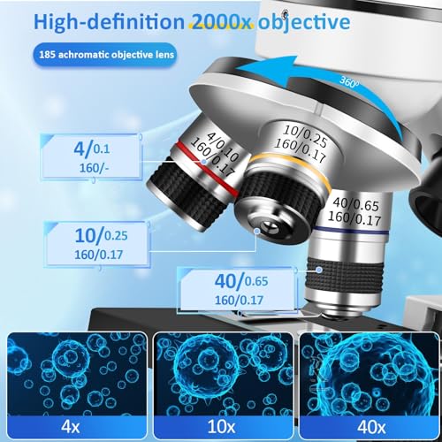 Herwicm Microscope,40X-2000X Microscope with Phone Adapter & Slides Set,Suitable for Students School Lab and Home Education (Monocular Microscope) - color: Black and white