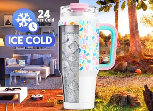 Meoky 32 oz Tumbler with Handle, Insulated Tumbler with Lid and Straw, Stainless Steel Travel Mug, Keeps Cold for 24 Hours, 100% Leak Proof, Fits in Car Cup Holder (Leopard) - color: Leopard, size: 32 Ounces