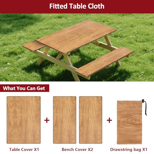 6ft 72in Picnic Table and Bench Cover, 3 Pack, Wood Grain | Drawstring Bag, Waterproof Windproof, Elastic Fitted Edges Tablecloth, for Rectangle Table & Seat, Camping Essentials RV Gear - color: Wood Grain, size: 72"