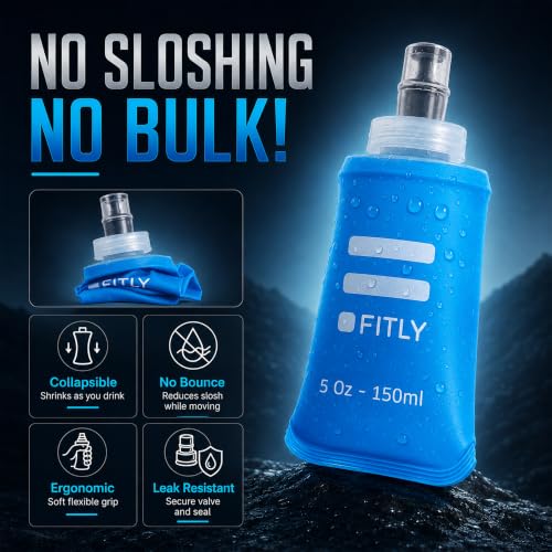 FITLY Soft Flask - Shrink As You Drink Soft Water Bottle for Hydration Pack - Folding Water Bottle Ideal for Running, Hiking, Cycling, Climbing & Rigorous Activity - color: Blue, size: 5 Ounces