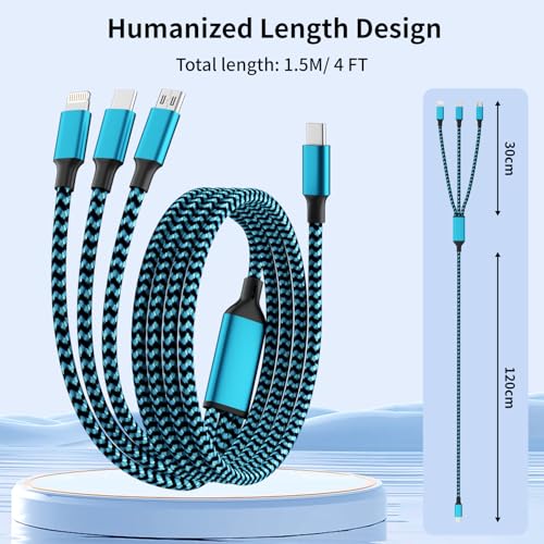 3 in 1 Multi Charging Cable Fast Charging 100W, USB C Cable 4FT 1Pack | Multiple iPhone Charger Cord for iPhone 17-12/Pad/Android/Tablets and More, Carplay Cable - color: Sky Blue&Black