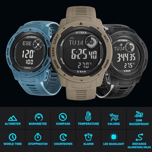 AVTREK Tactical Watch with Compass Pedometer,50M Waterproof-2003 | Digital Altimeter Watch for Outdoor Hiking/Climbing/Walking - color: Blue
