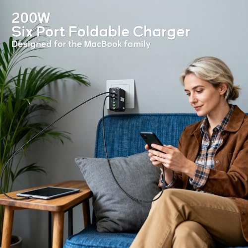 2 Pack USB C Charger Block, 200W GaN Super Fast Charger Type C Fast Charging 6 Port Foldable PD Charging Station for All Phone/Android Samsung Galaxy S25/S24/MacBook iPad - color: Black