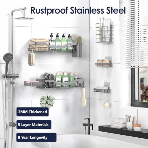 NESOMI Shower Caddy Adhesive Shower Organizer 7-Pack, Rustproof Stainless Steel Bathroom Shelves, Large Capacity No-Drill Rack Storage Accessories with Soap Dish Toothbrush Holder Hooks - color: Grey, size: 7-Piece Set
