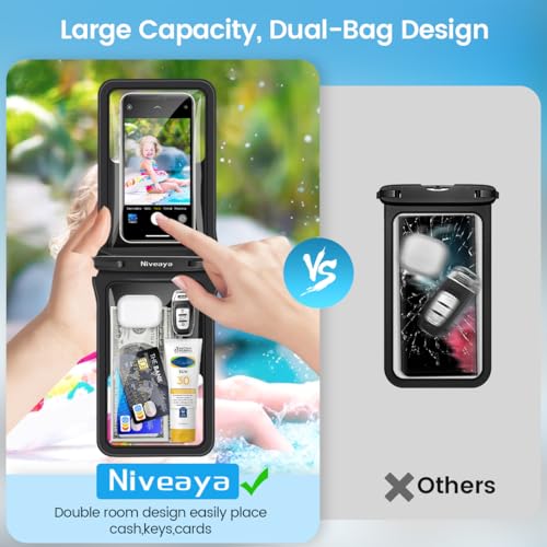 Niveaya Double Space Waterproof Phone Pouch - 2 Pack, Waterproof Phone Lanyard Case with iPhone 17/16/15/14/13 Pro Max up to 8.3", Phone Dry Bags for Vacation Beach Pool Kayak Cruise Travel Essentials - color: Black + Pink, size: Medium 8.3"