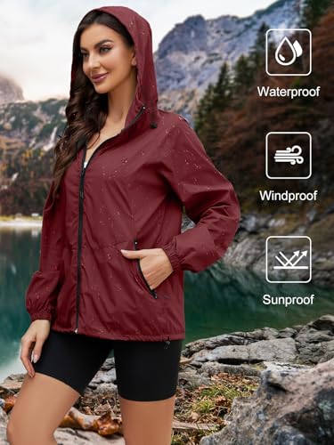 CRIPOM Packable Rain Jacket Women Waterproof Lightweight Jacket With Hood Womens Windbreaker Jacket S-XXL - color: Wine Red, size: Small