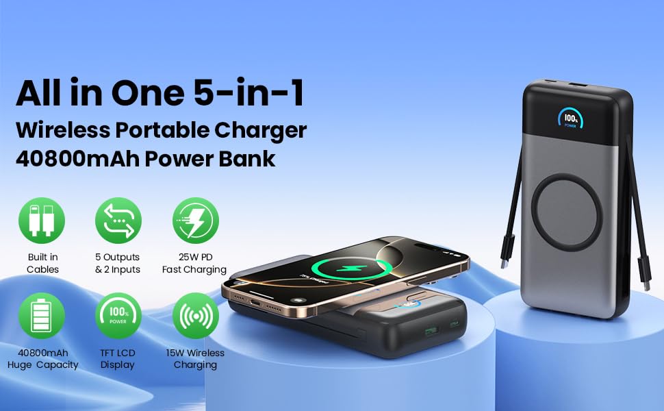 Wireless Portable Charger 40,800mAh with Built-in Cables,15W Wireless Charging 25W PD QC4.0 Fast Charging USB-C Power Bank,Travel Essentials External Battery Pack for iPhone 17/16/15/14,Galaxy,Android - color: Black