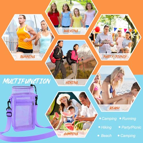 Berlune Water Bottle Holder with Strap Drawstring Water Bottle Carrier with Zipper Pocket Adjustable Shoulder Mesh Sling Bag for Hiking Walking Camping Travel - color: Macaron Color