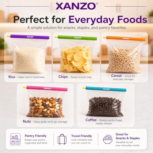 Xanzo Chip Clips - 12 Durable, Heavy Duty Chip Bag Clips for Food, Airtight Chip Bag Closers, Eco-Friendly, Color Coded Food Organization Tools
