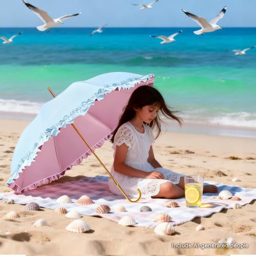 40.16inch Ruffled Princess Parasol with One-Touch Open - UPF50+ UV Blocking Sunshade, 8-Rib Fiber+Aluminum Frame, Lightproof Canopy for Women - color: blue1
