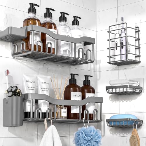 NESOMI Shower Caddy Adhesive Shower Organizer 7-Pack, Rustproof Stainless Steel Bathroom Shelves, Large Capacity No-Drill Rack Storage Accessories with Soap Dish Toothbrush Holder Hooks - color: Grey, size: 7-Piece Set