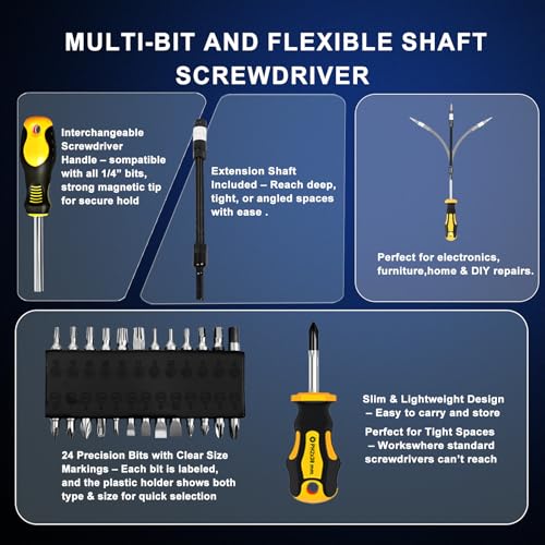 Magnetic Screwdriver Set with Case, All-in-One Repair Tool Kit for Everyday Home Fixes, Furniture Assembly & Electronics Repair, Precision Screwdrivers, Bits & Flexible Shaft